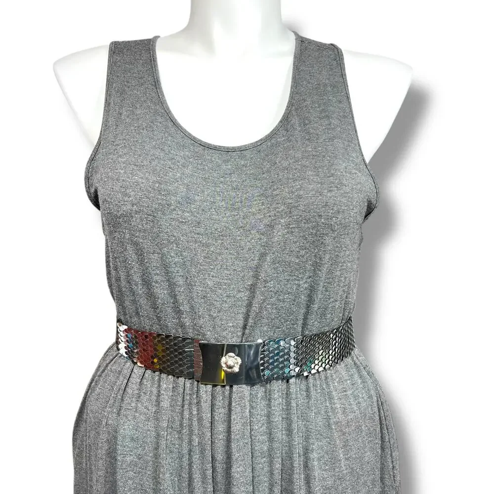 Vintage 80s 90s Womens Wide Scale Stretch Belt Flower Buckle Accent Silver Tone